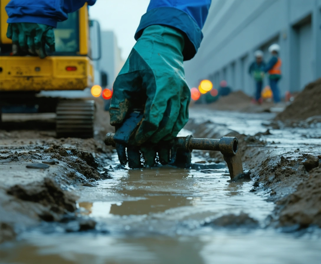 Plumber inspecting a large drain with professional tools in a commercial environment