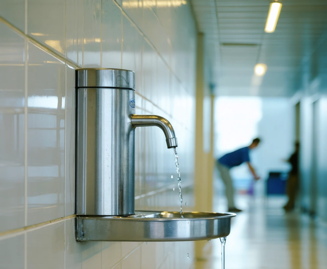 Plumber installing a stainless steel drinking fountain in a commercial hallway