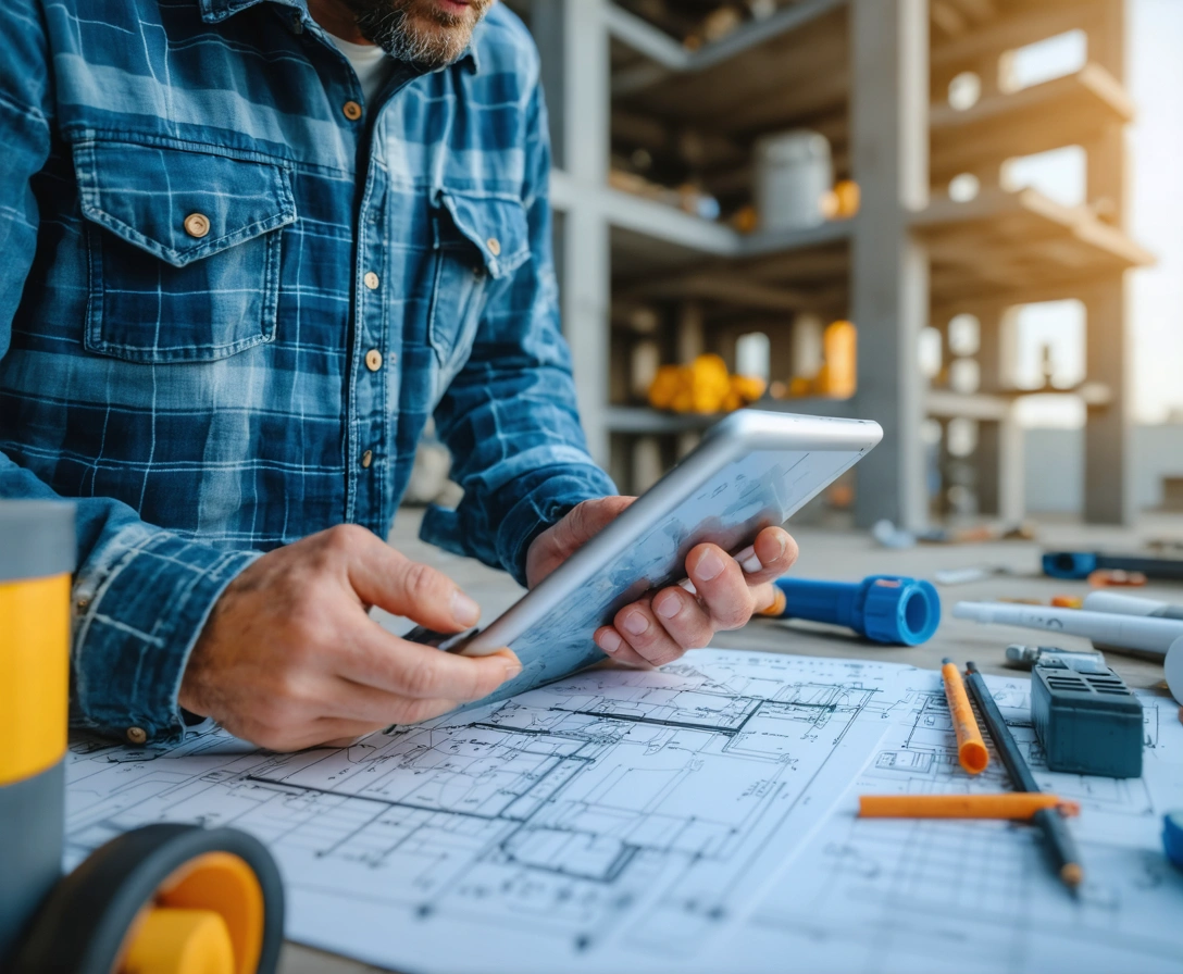 Project manager reviewing progress on tablet beside plumbing blueprints and construction materials