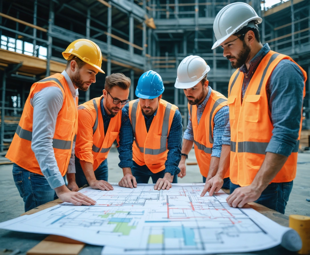 Trade professionals discussing blueprints on a commercial construction site