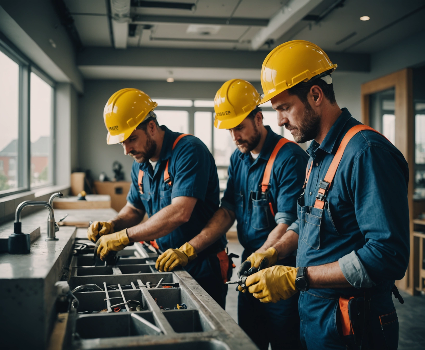 Plumbers working together at a modern hotel renovation site