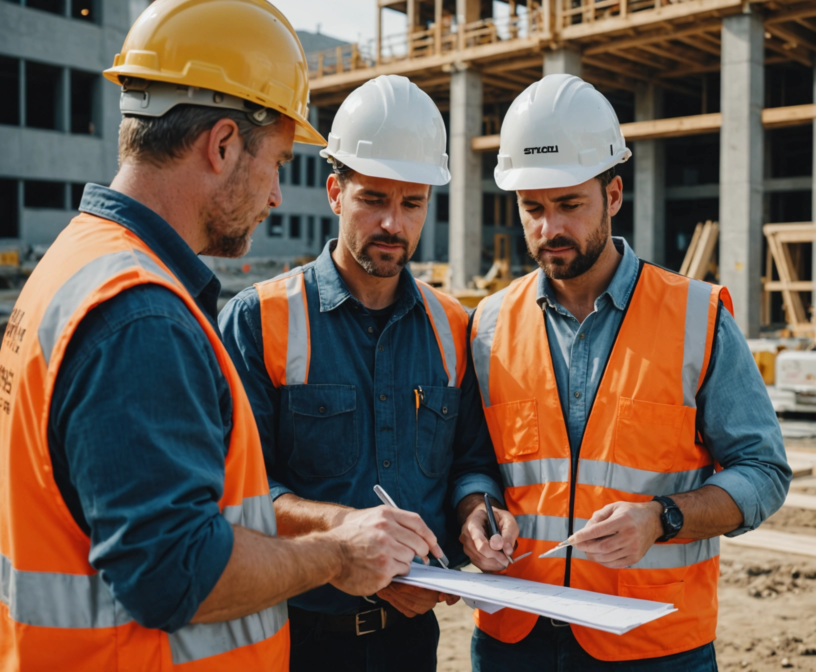Construction supervisor and crew reviewing blueprints on-site