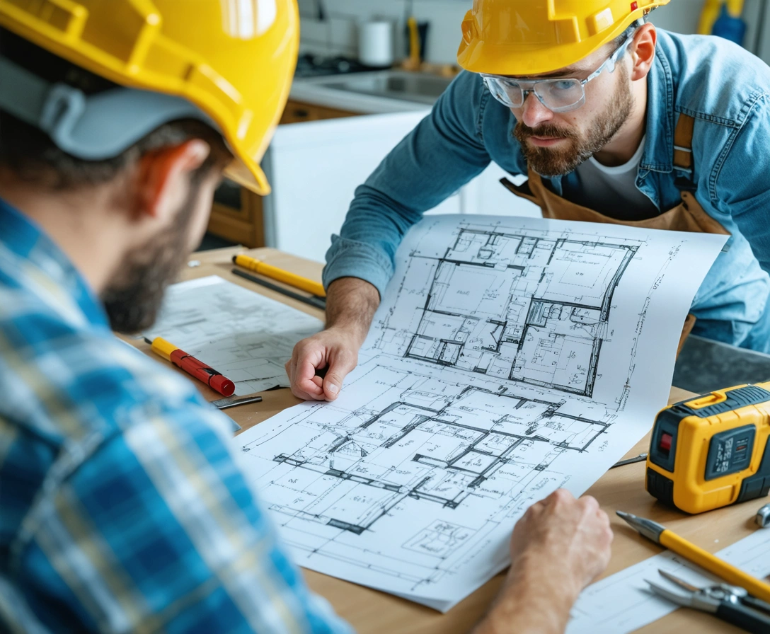 Plumber and contractor discussing renovation plans in a kitchen