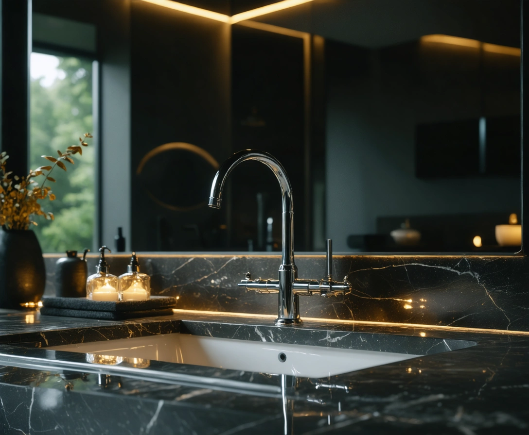 Luxury bathroom or modern kitchen with new plumbing fixtures and subtle reflections
