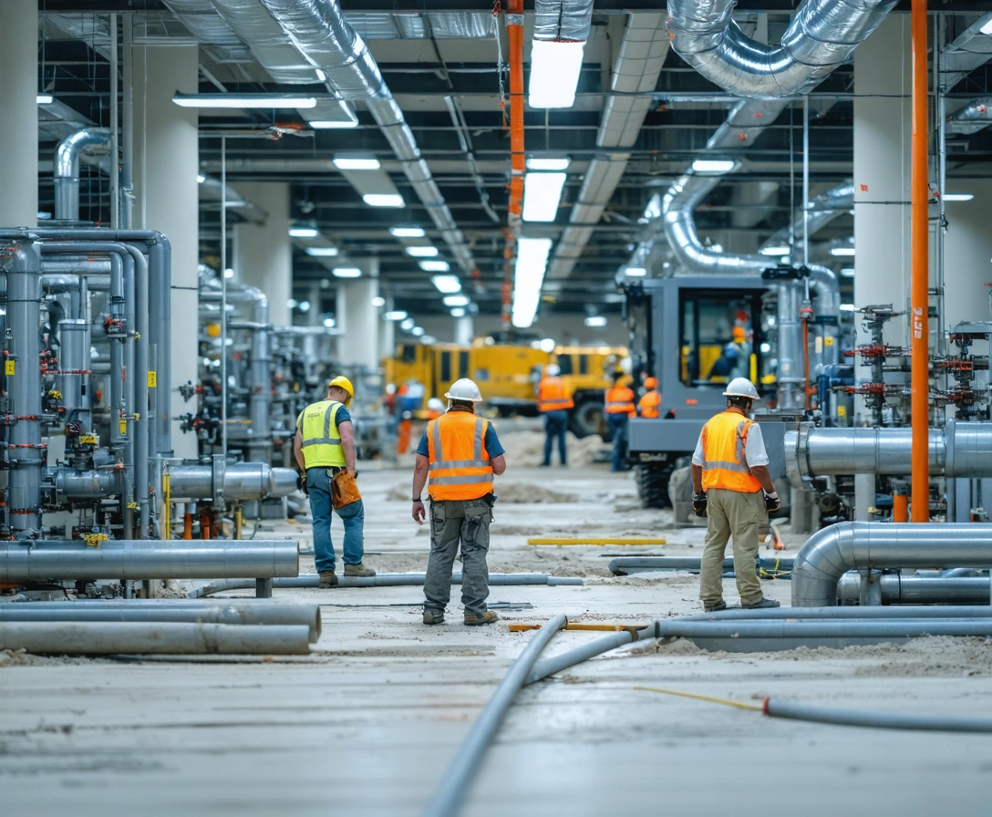 Crews working safely at a commercial construction site with visible plumbing infrastructure