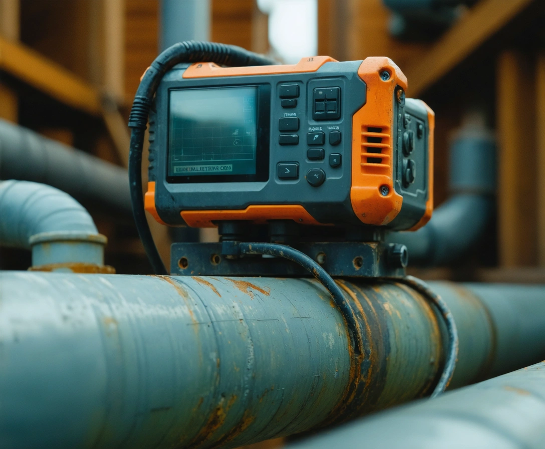 Plumber using leak detection equipment on a residential pipe