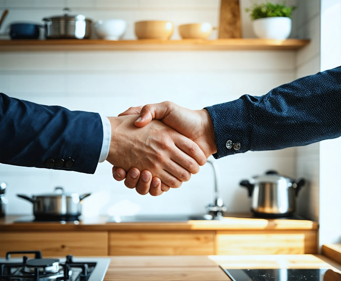 Plumber shaking hands with a satisfied homeowner in a finished kitchen