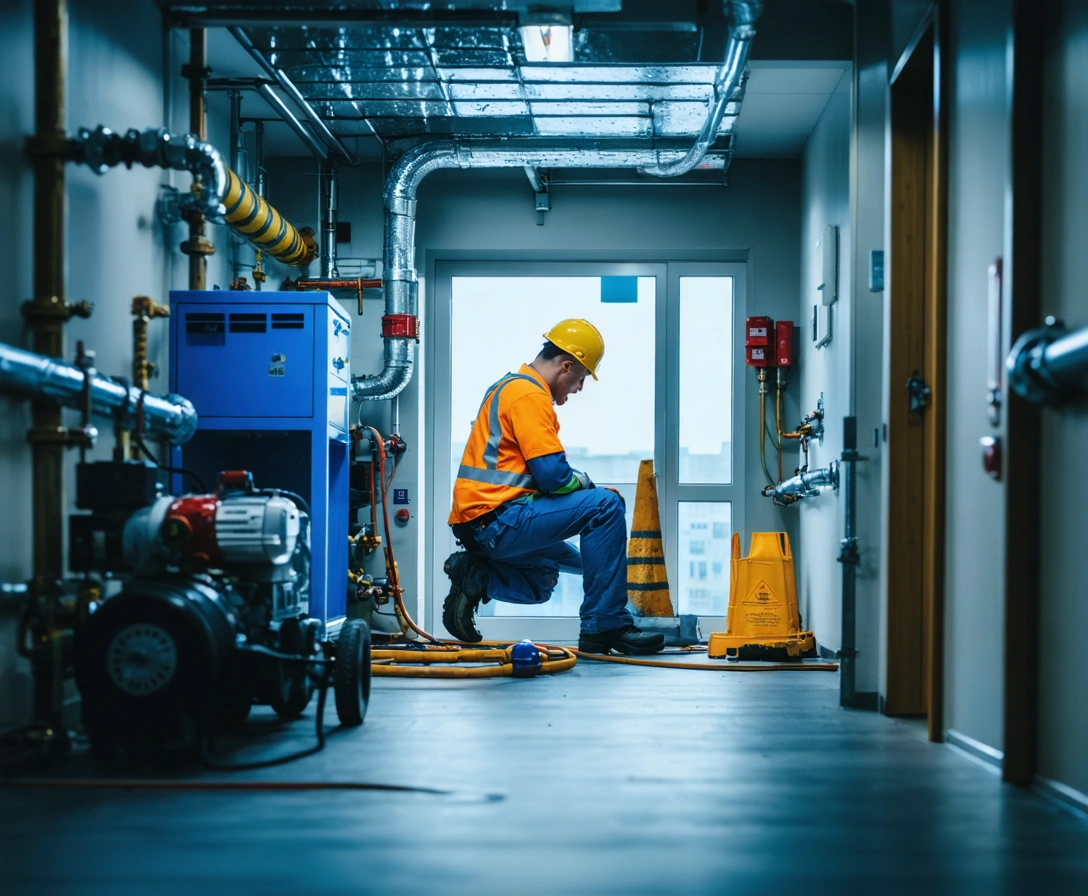 Plumbing team working efficiently in a hotel corridor