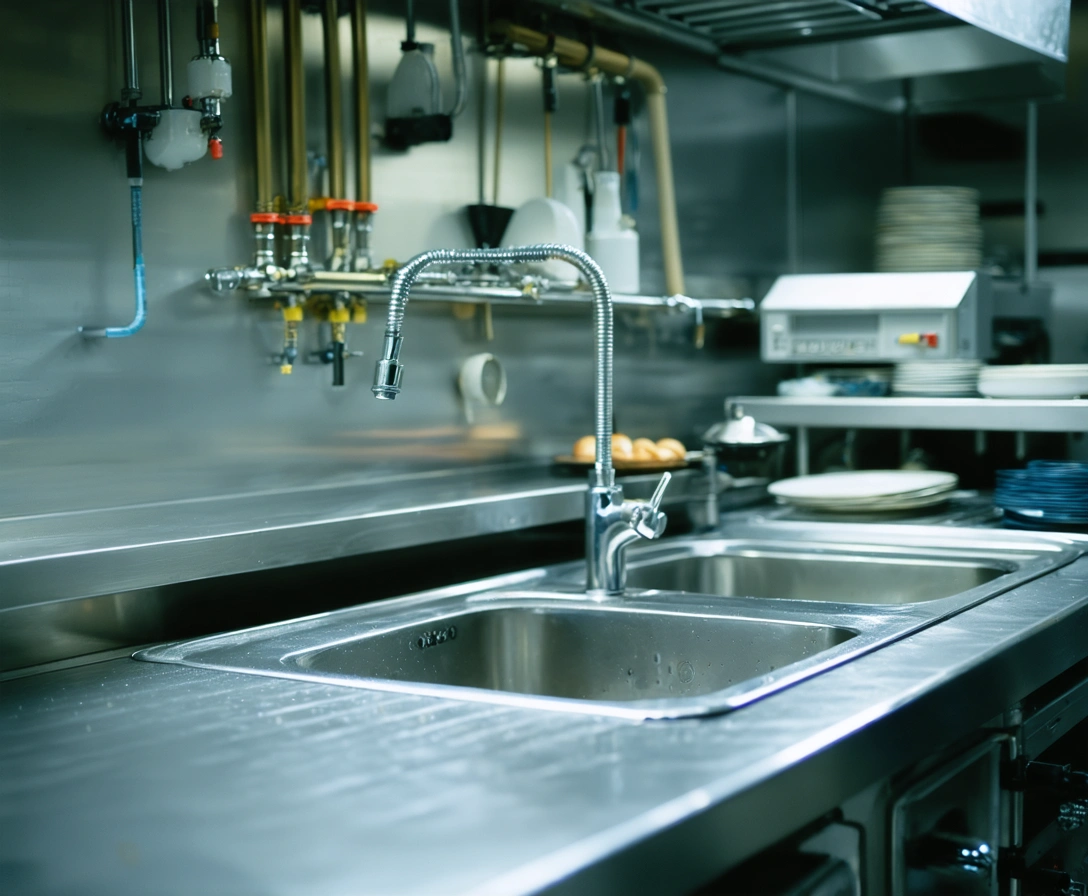 Plumber fixing under-sink plumbing in a commercial kitchen