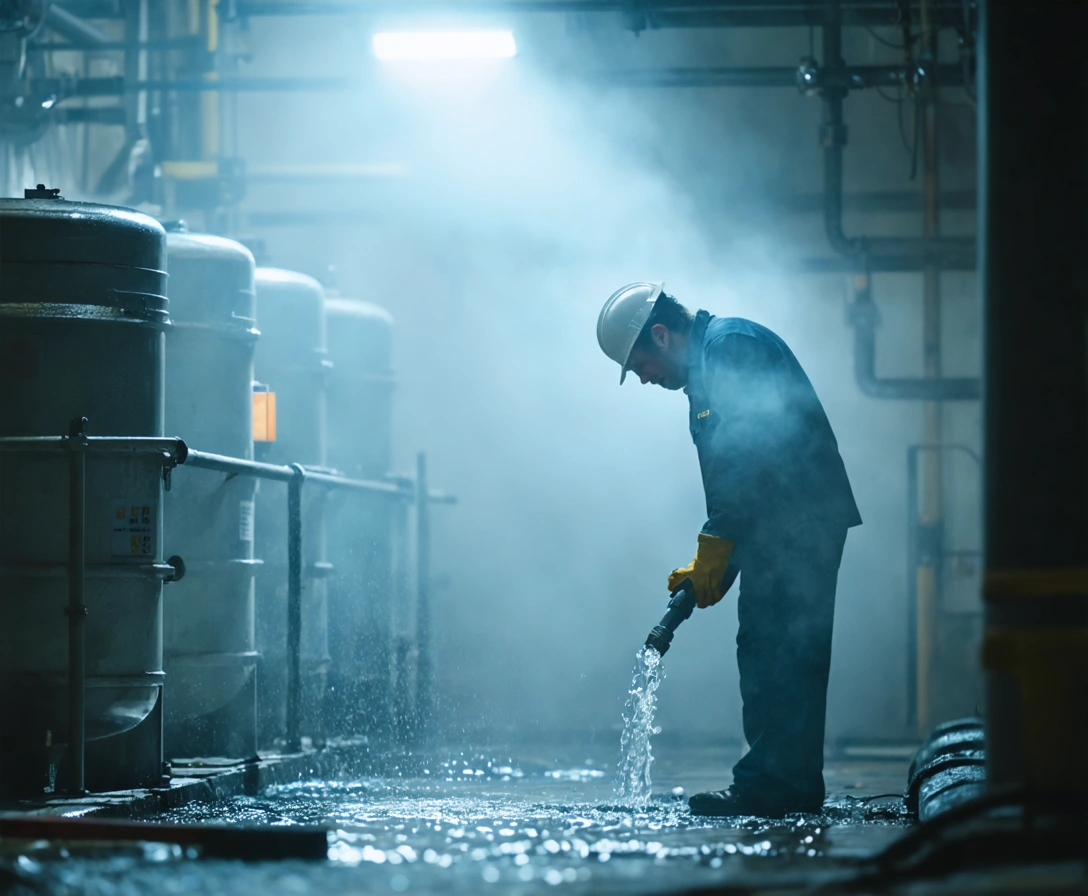 Technician inspecting a grease trap or installing a commercial water line