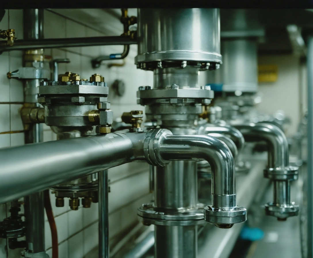 Commercial-grade piping and valves behind restaurant kitchen equipment