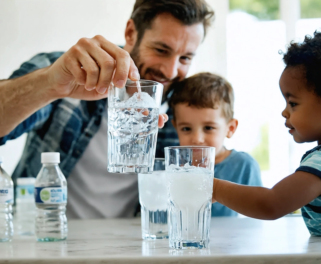 Family filling glasses with filtered water in a bright kitchen