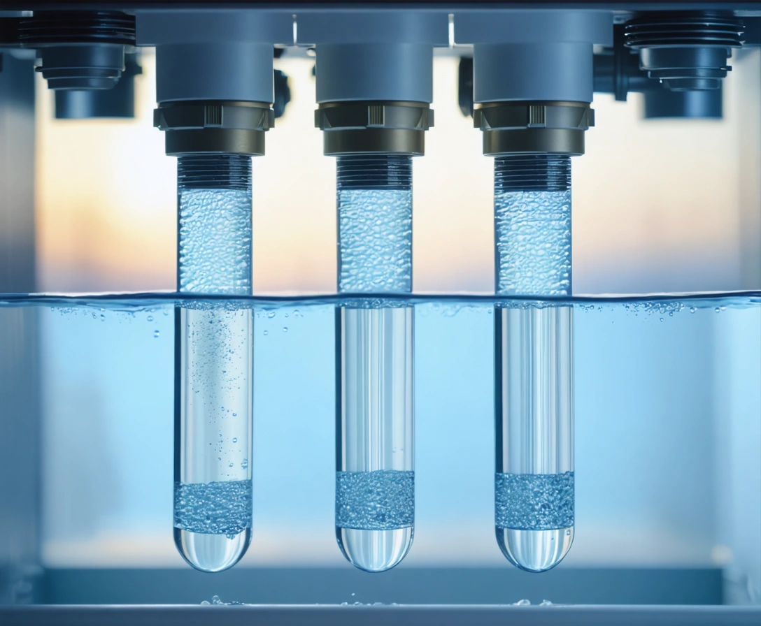 Close-up of a multi-stage water filtration cartridge system