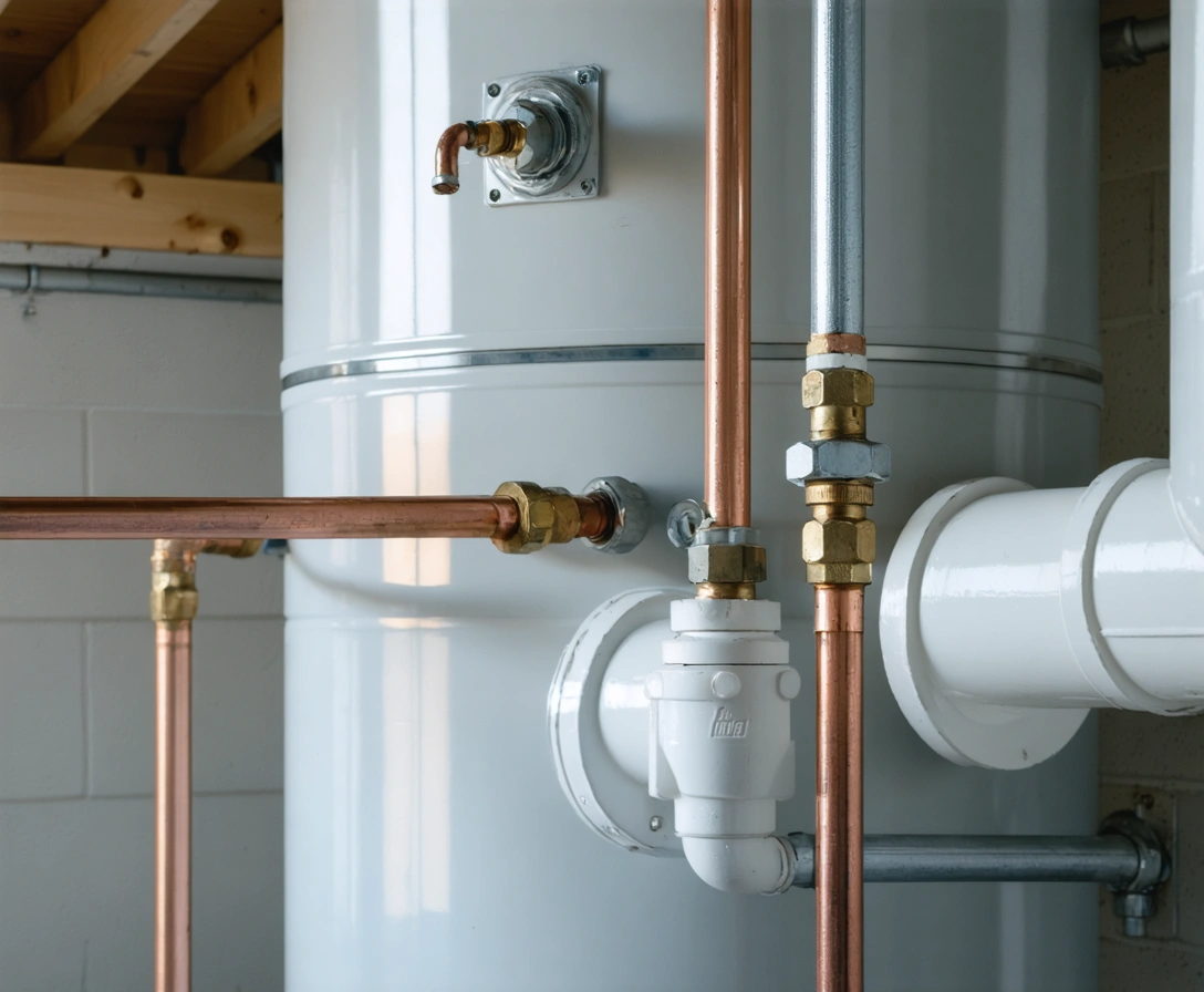 Plumber installing residential water heater fittings with PVC pipes