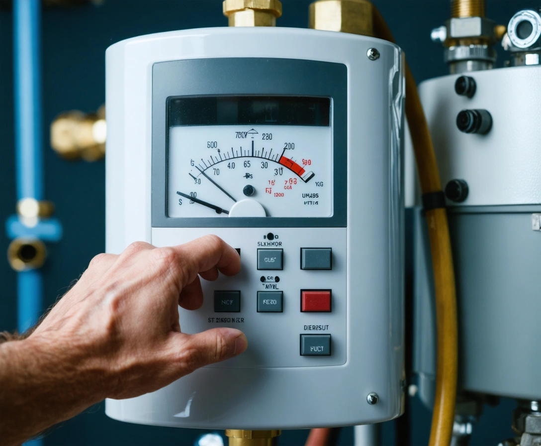 Plumber inspecting a water heater's control panel with tools