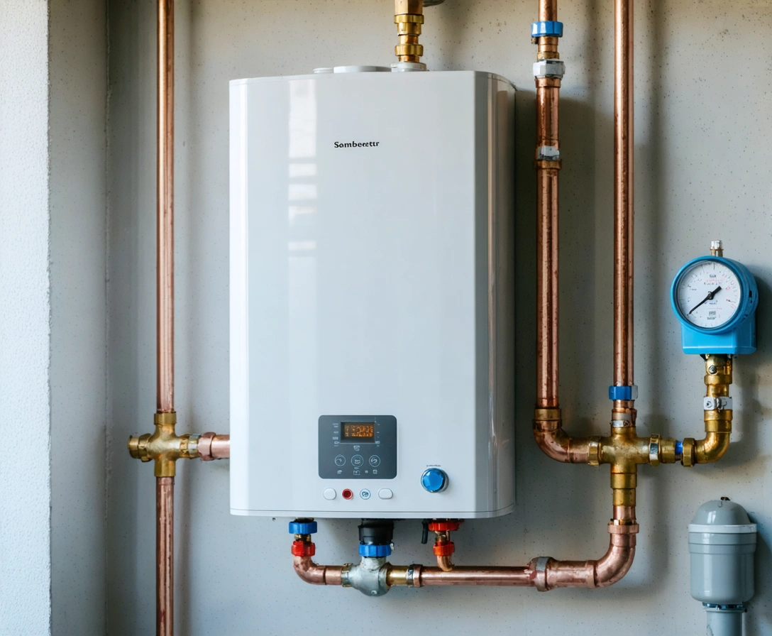 Plumber installing a new tankless water heater in a tidy workspace